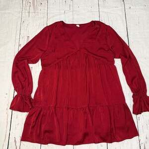 Glam Red Satin Tiered Long Sleeve V-Neck Babydoll Mini Dress